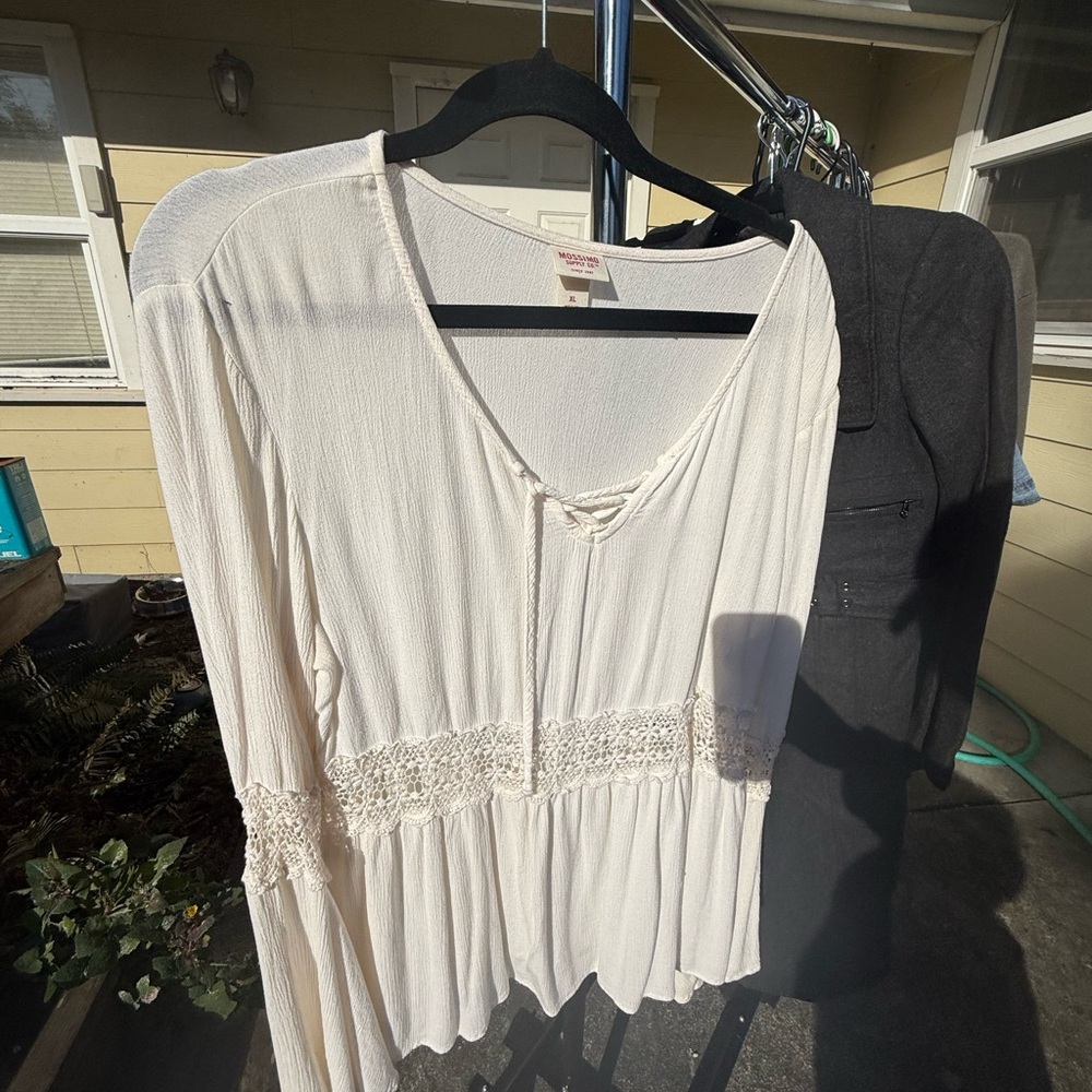 White Lace Trim Blouse Bell Sleeves and lace up top